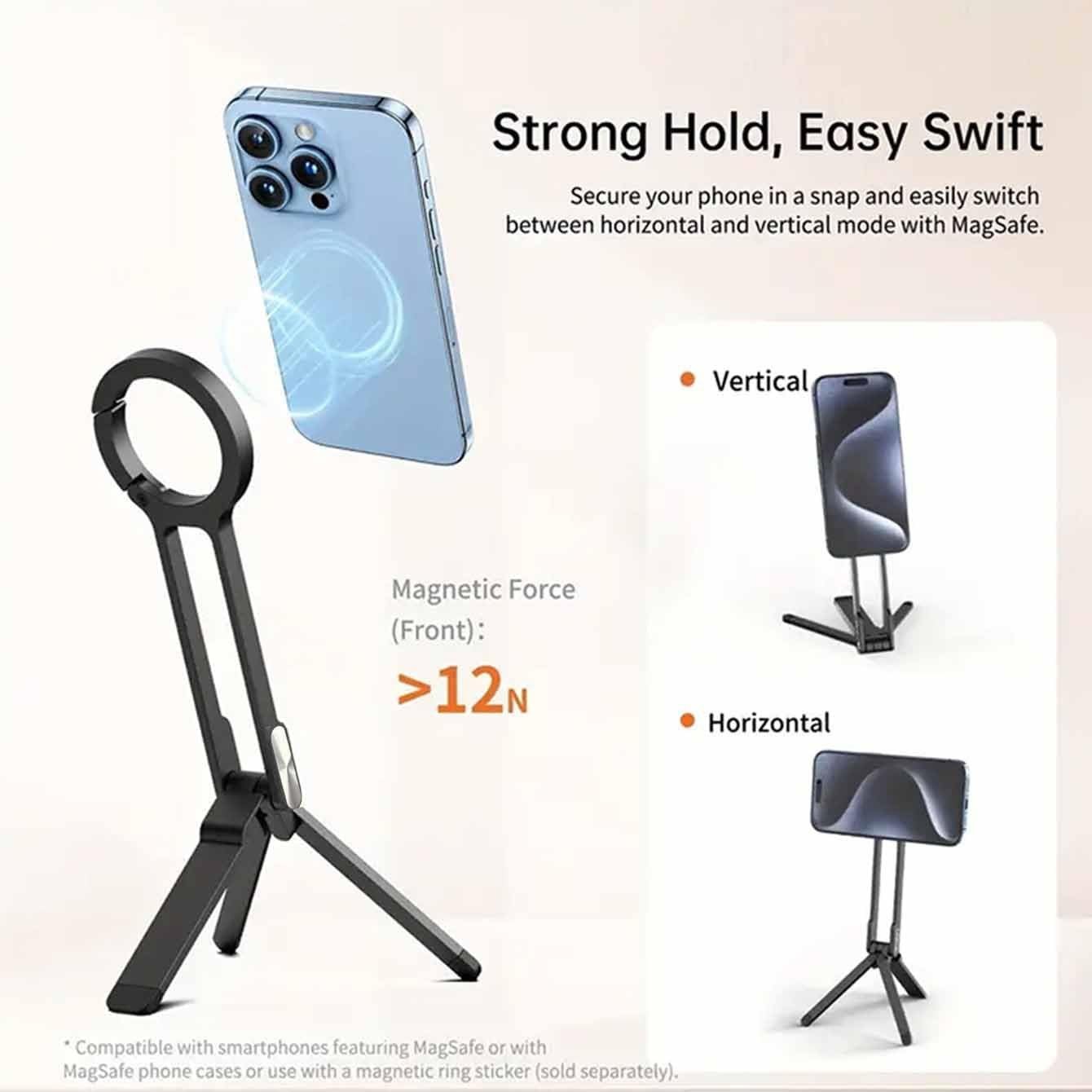 Phone Tripod, Magnetic Phone Holder with Spring Clasp, Adjustable Foldable