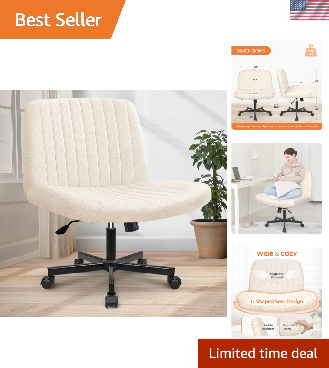 Stylish Wide Seat Office Chair - Beige Fabric with Swivel and Comfort Features
