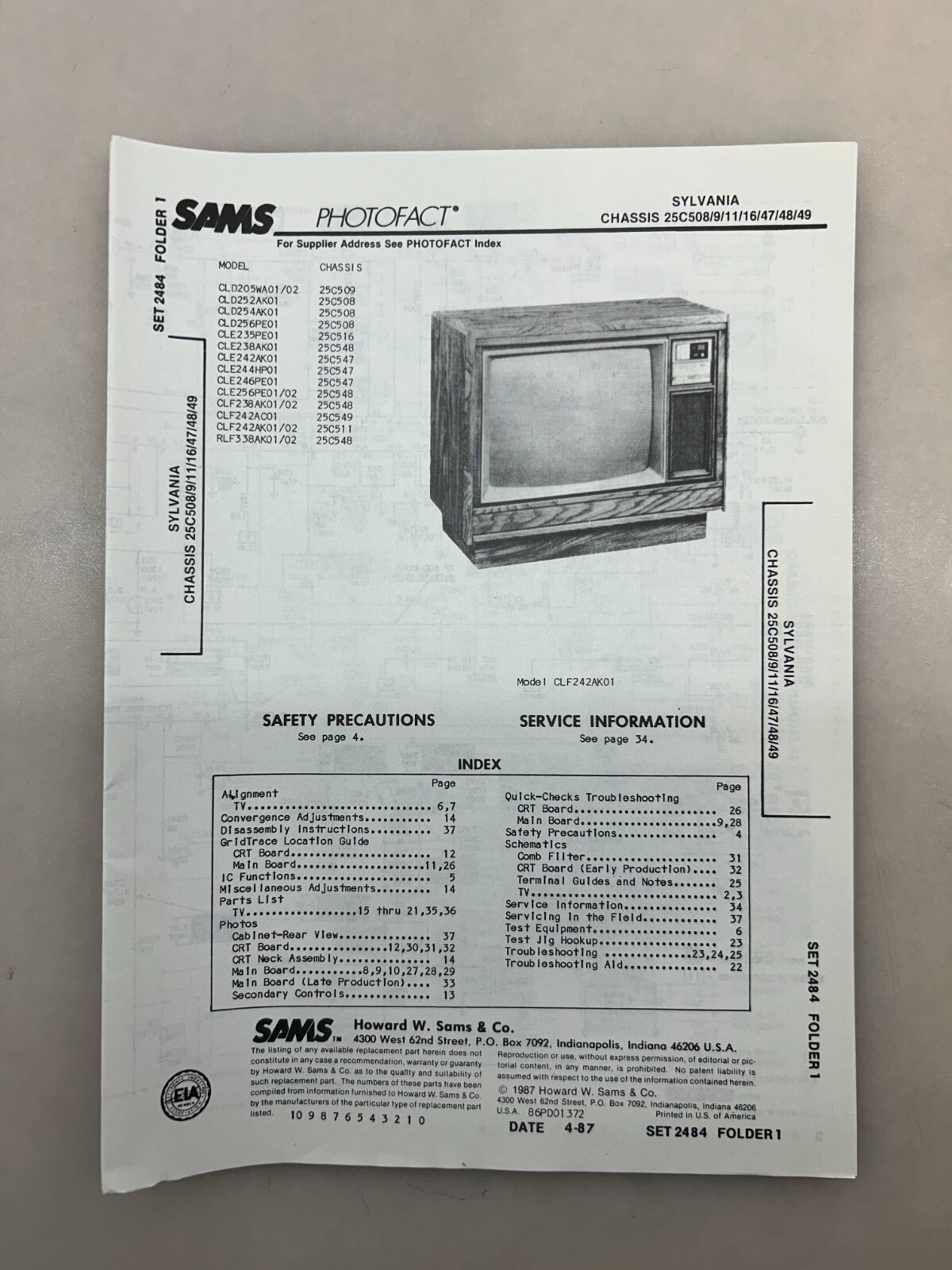 Sylvania 25C508 Service Manual Sams Photofact Free Shipping