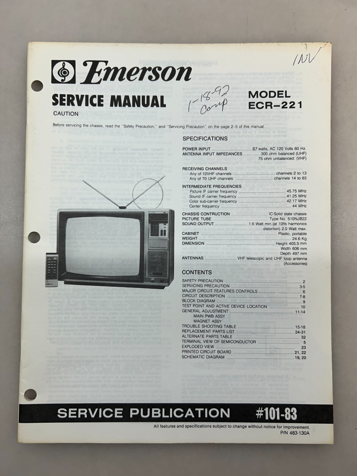 Emerson ECR-221 Original Service Manual Free Shipping