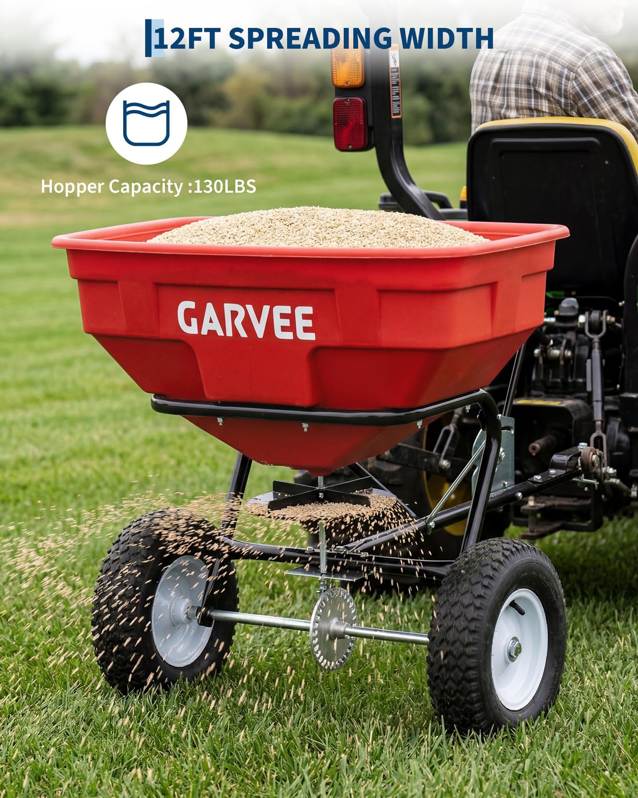 Tow Behind Broadcast Spreader, 125LBS, Universal Hooks Tow/Push Garden Spreader
