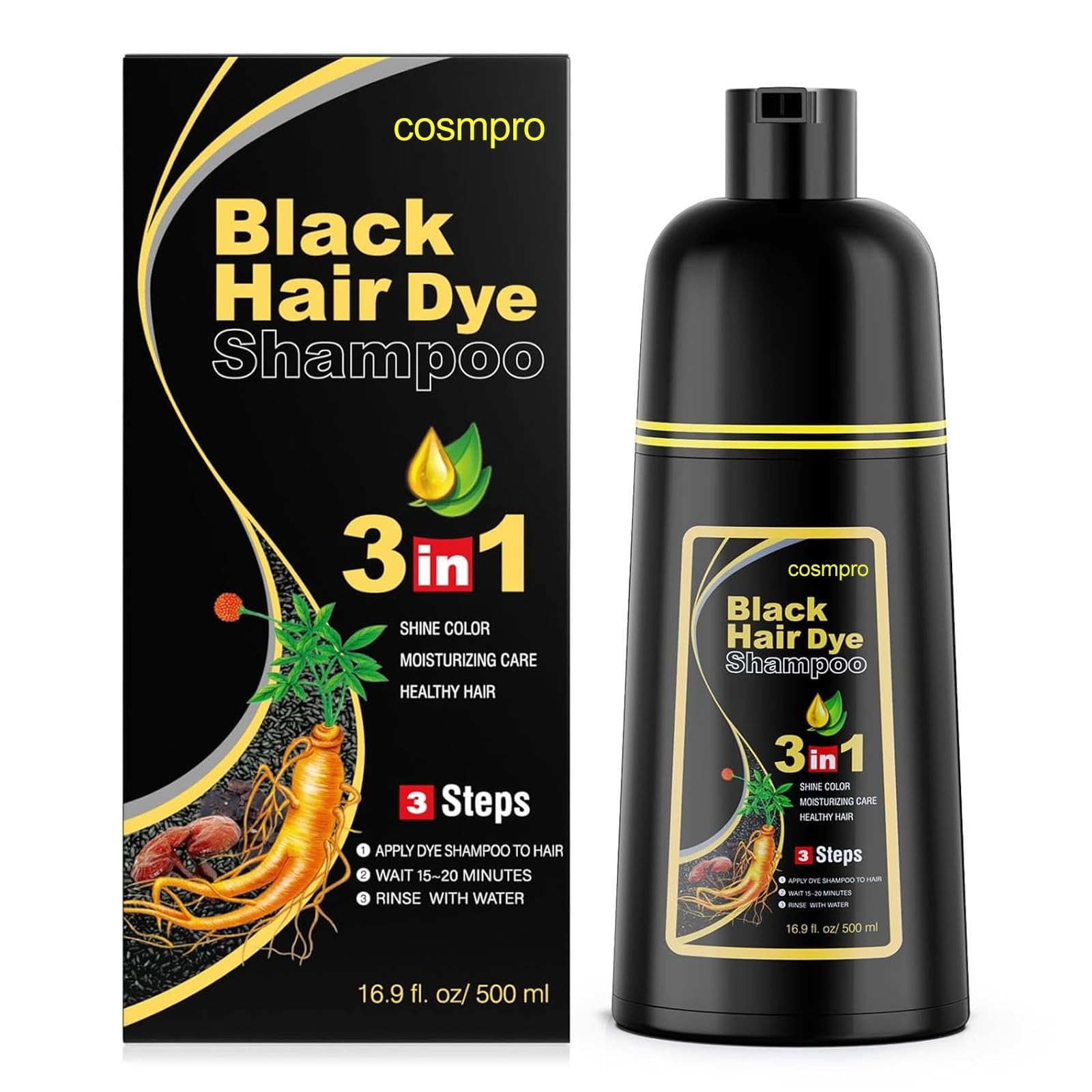 cosmpro Black Hair Dye Shampoo 3 in 1 for Women/Men for Gray Coverage Instant Ha