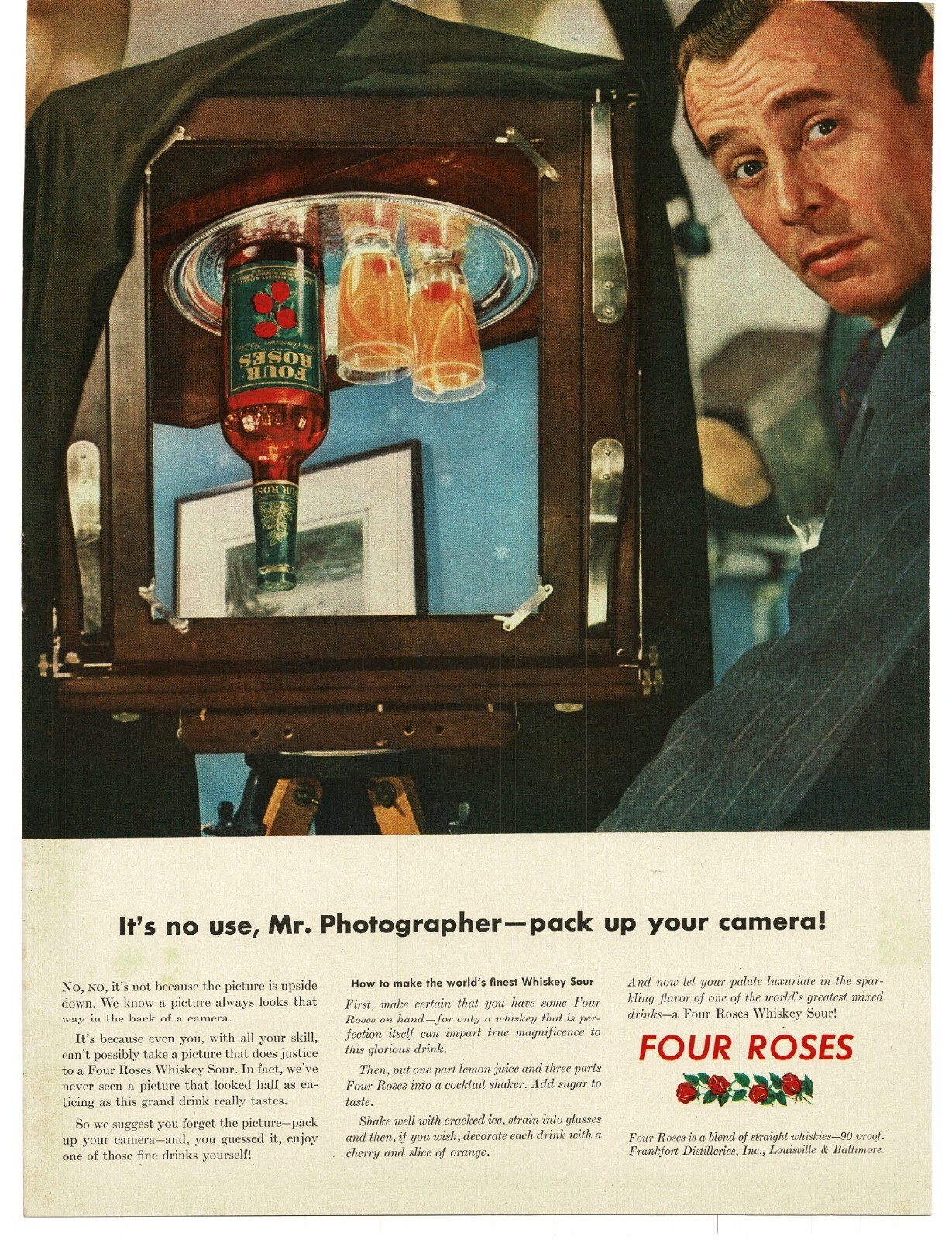 1943 Four Roses Whiskey Photographer View Camera Vintage Print Ad