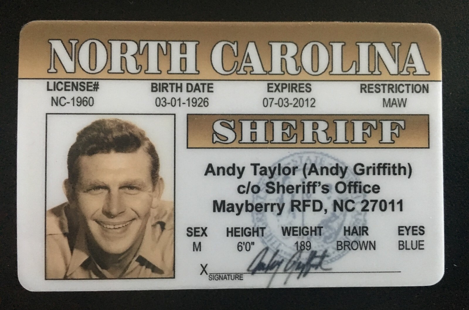 Sheriff Andy Taylor Mayberry NC Novelty Sheriff Andy Griffith card TV Fife