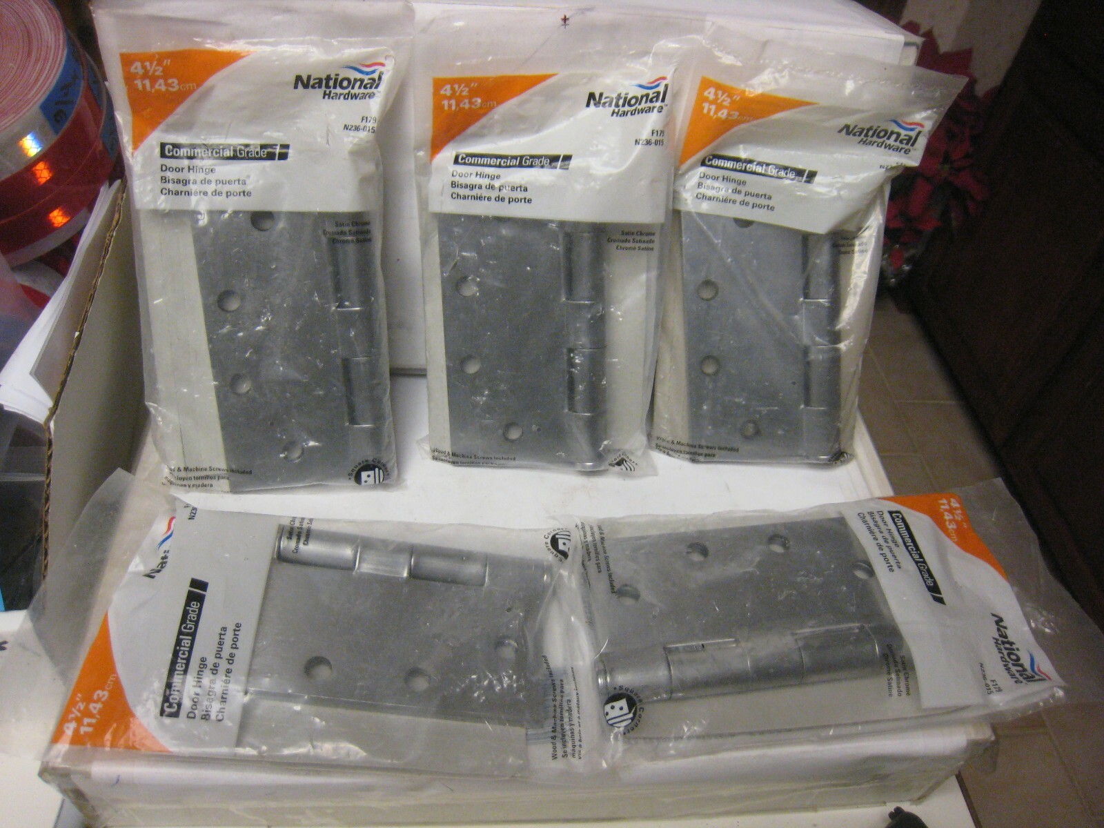 [5 Pack] NATIONAL HARDWARE #N236-015 Ball Bearing  Hinges 4-1/2" Satin Chrome