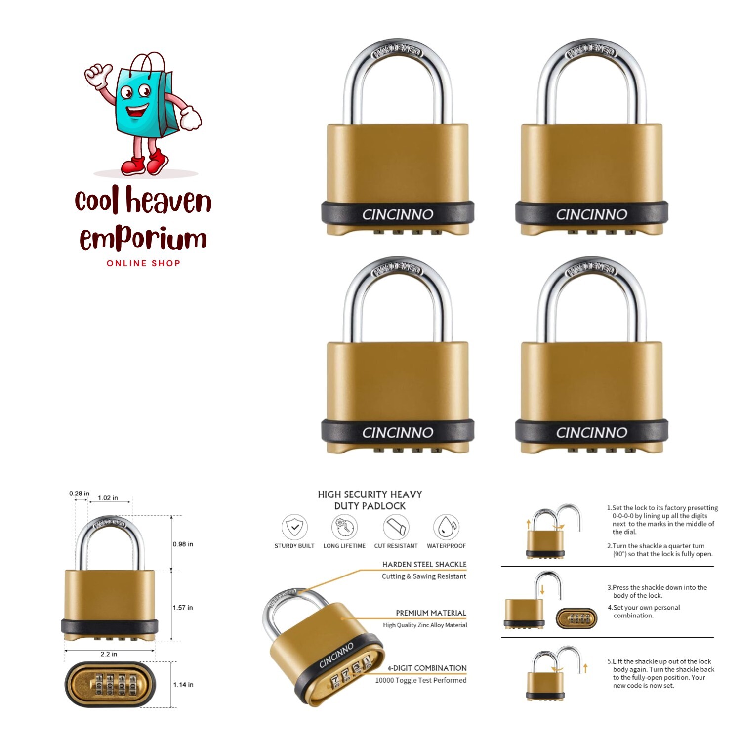 Heavy Duty Weatherproof Combination Lock, 4-Pack Outdoor Combo Lock,Resettabl...