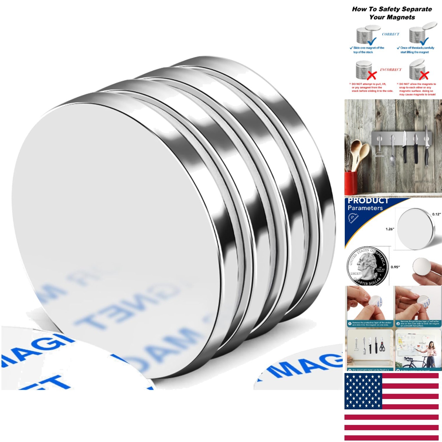 4 Pack Neodymium Disc Magnets, 1.26”x0.12”, Strong 18 lb Pull for DIY Projects