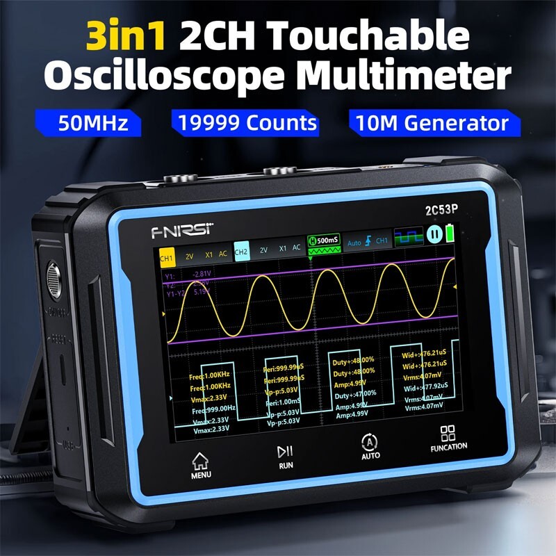 FNIRSI-2C53P 3-IN-1 2-Ch 50MHz Handheld Touchable Oscilloscope Multimeter