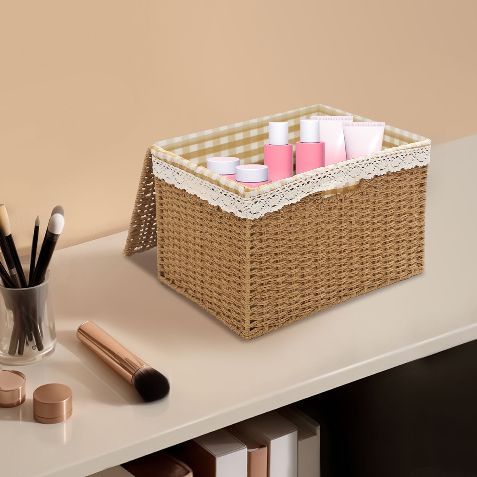 4pcs Large Rope-woven Storage Baskets Boxes Stackable Organizor Bins W/ Liner