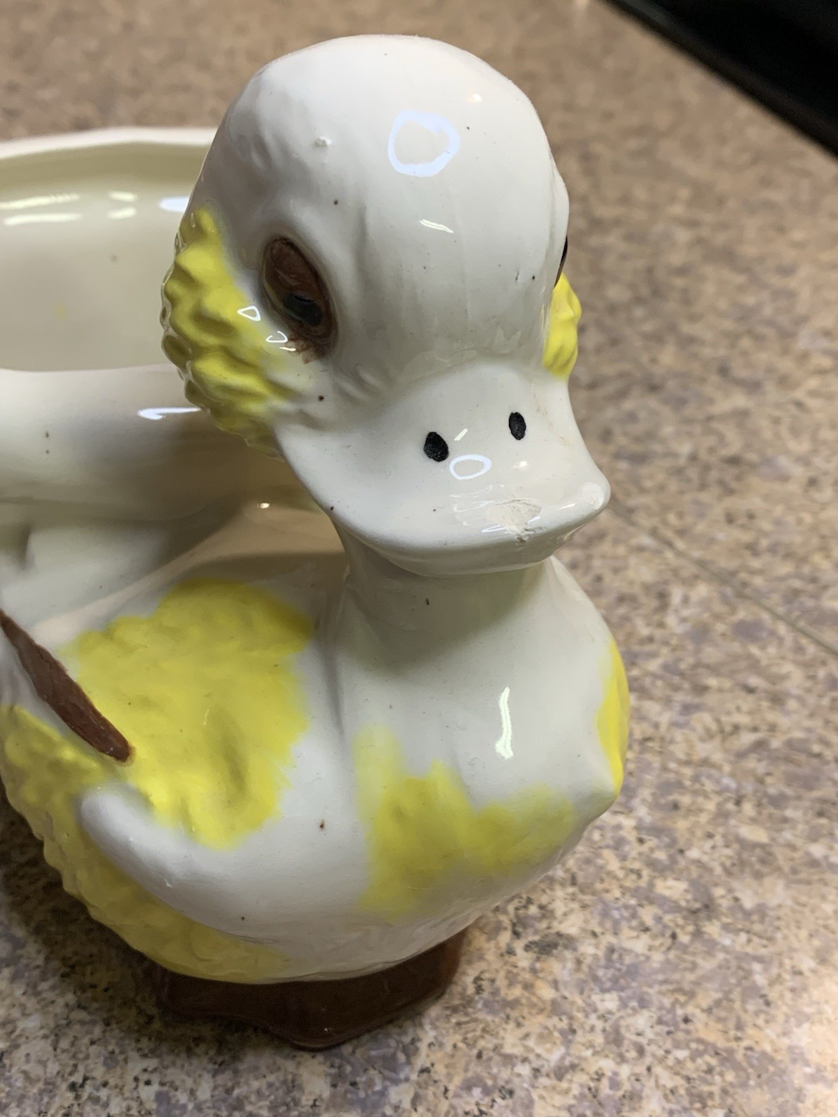 Vtg MCM Glazed Ceramic Duck Pulling Cart Planter - READ