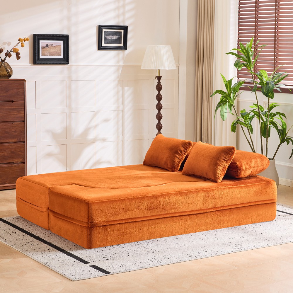 Folding Sofa Bed, Plush Orange Futon Mattress, High Density Foam