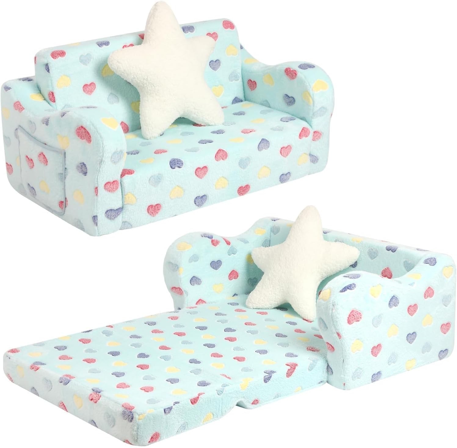 Toddler Couch 2-in-1 Kids Soft Couch Fold Out W/ Star Pillow Foldable