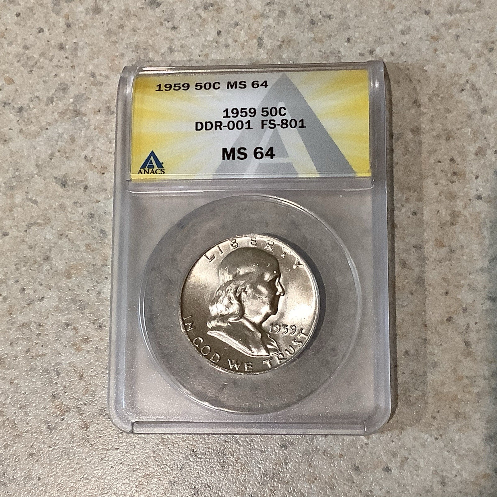 1959 Franklin Half Dollar ANACS DDR-001 FS-801 MS 64