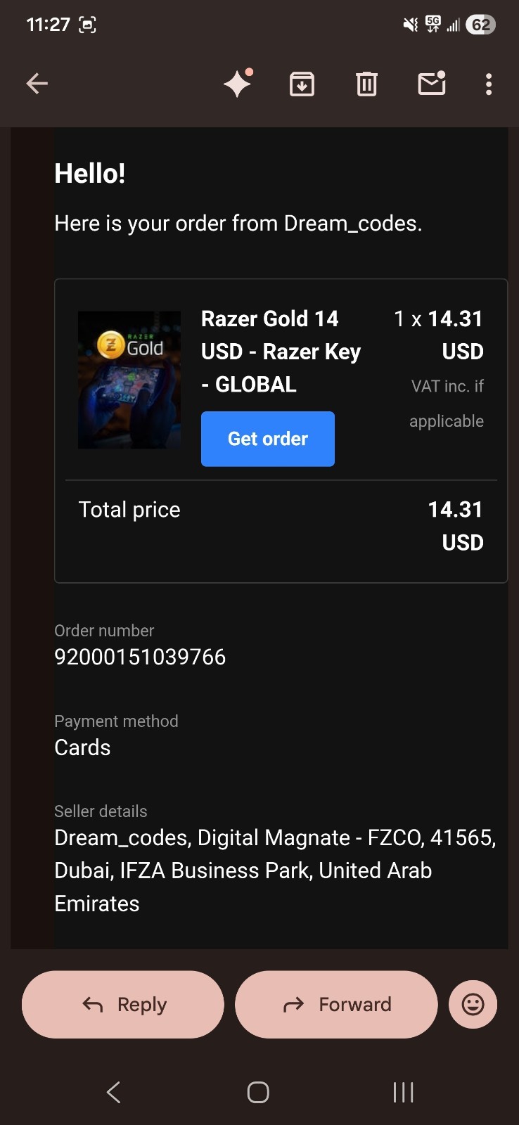 Razer Gold $14.00 Gift Card - Global Digital Card