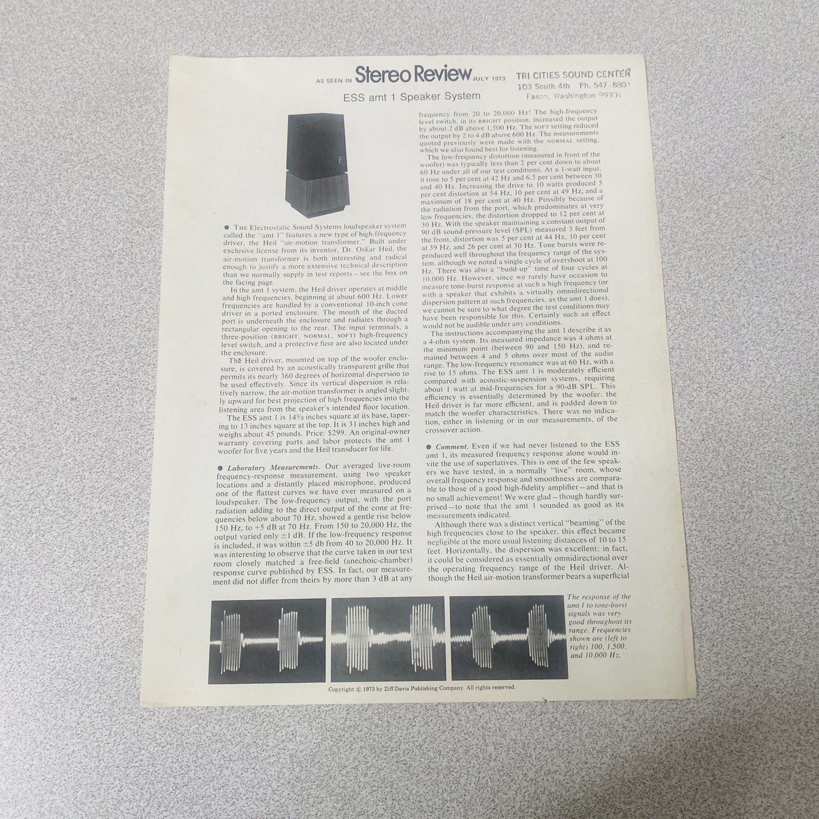 ESS AMT 1 Speaker System 1973 Vtg Sales Sheet Brochure