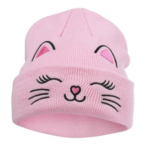 Kids Gils Cat Beanies Cute Embroidery Hats Winter Knitted Embroidered Cat-pink