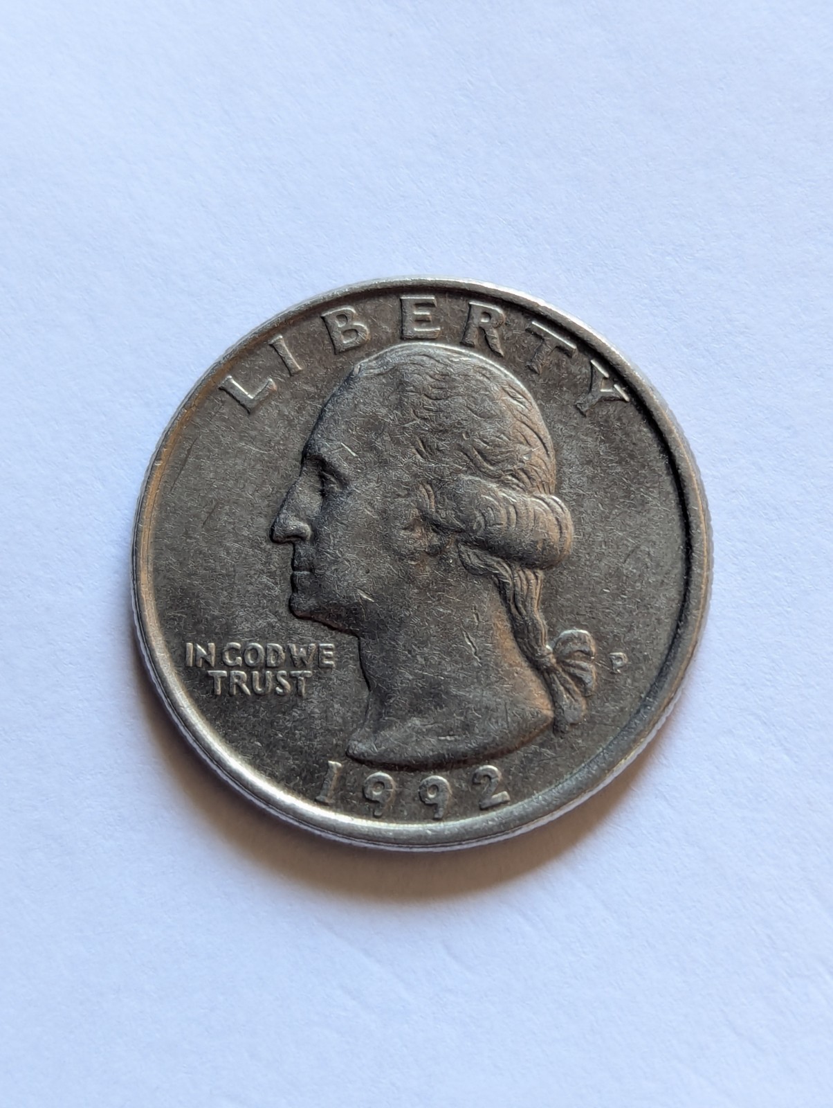 USA 25 Cents, 1992-P, Washington Quarter, Uncirculated, Misaligned Obverse Side