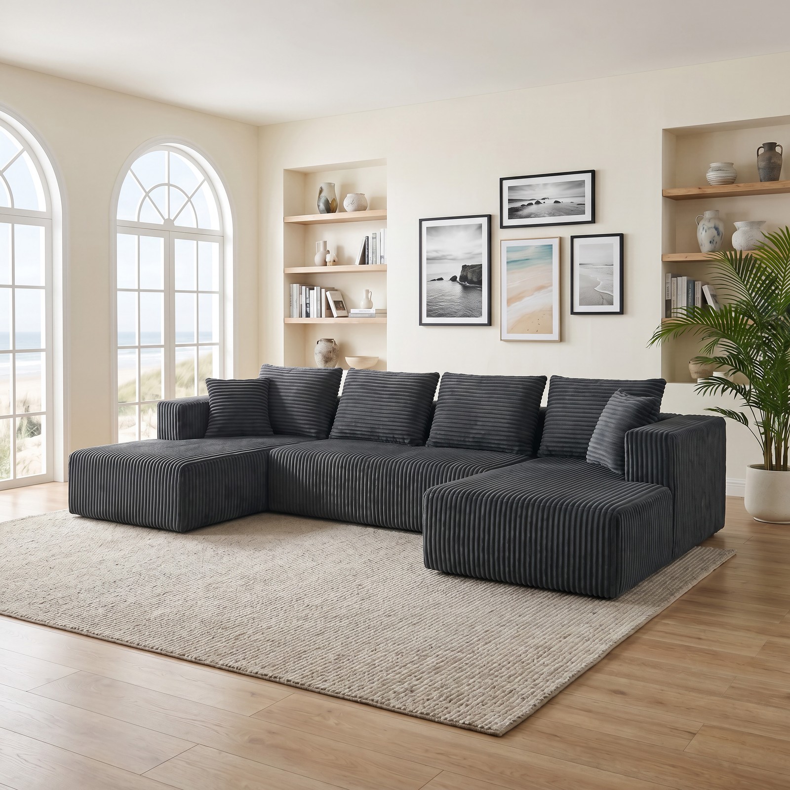 U-Shaped Modular Sectional Sofa, Gray Corduroy, Double Chaise, Deep Seat