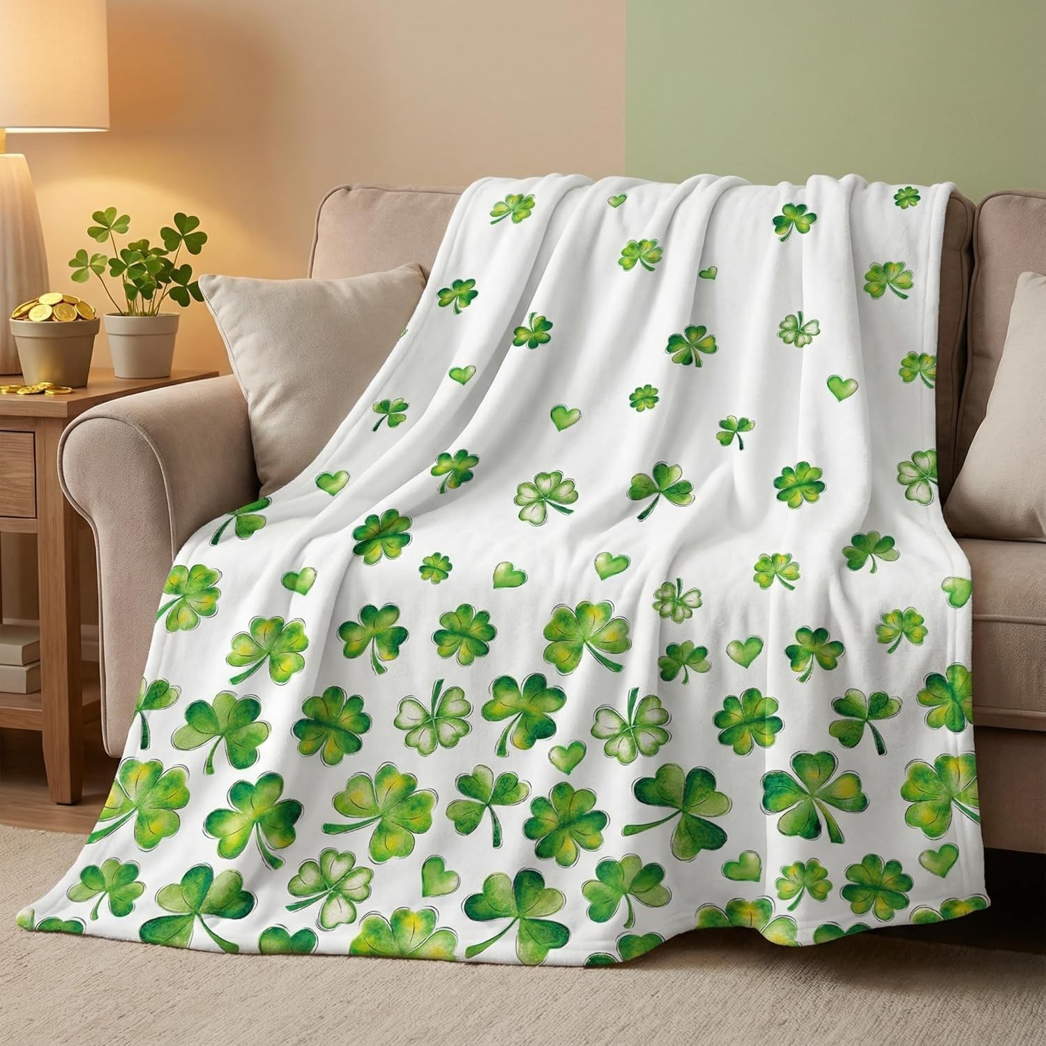 Lucky Irish Shamrock Plush Blanket US Warm Cozy Decor