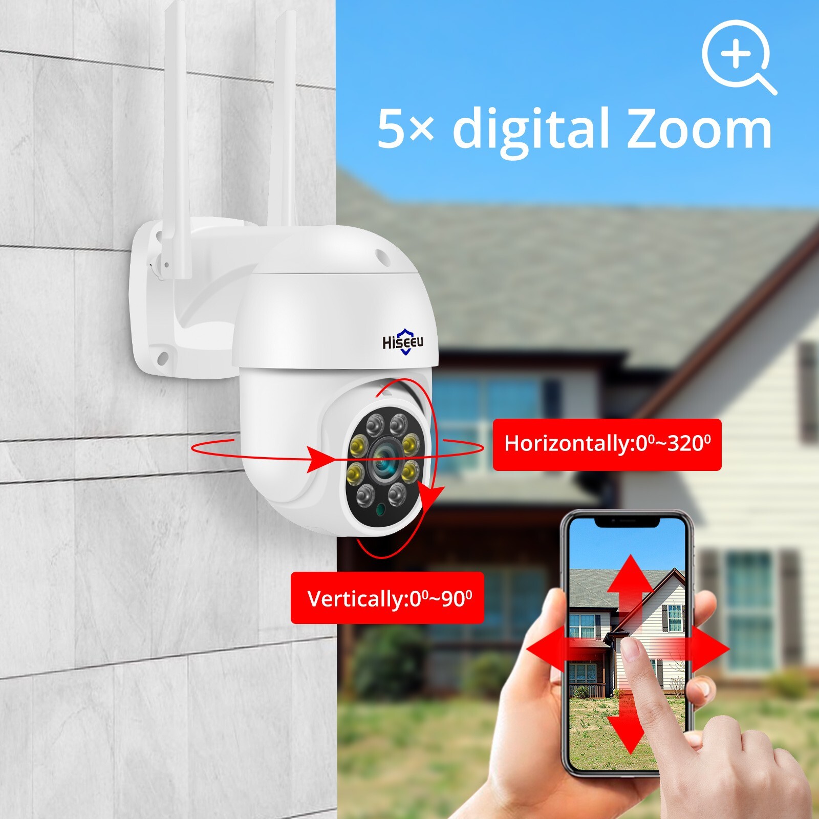 Hiseeu 5MP Full color night vision Motion Detection PTZ WIFI Security Camera