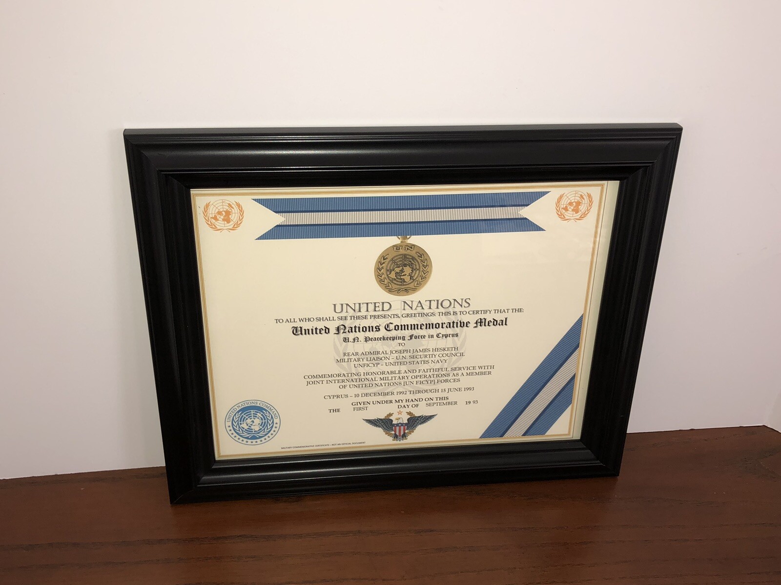 UNITED NATIONS [UNFICYP] COMMEMORATIVE MEDAL CERTIFICATE ~ Type 1