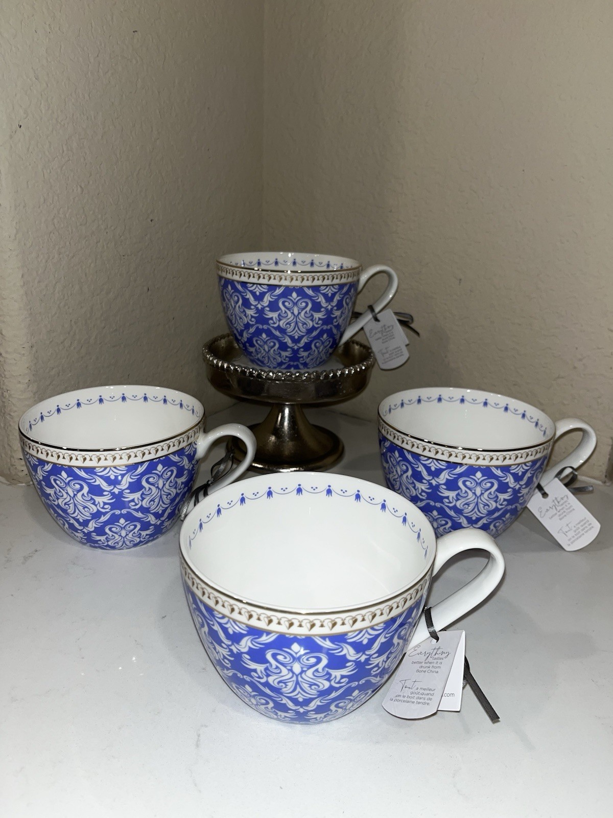 4-NWT THE OLD POTTERY BONE IN CHINA BLUE GOLD BOHO DESIGN COFFEE/TEA MUG