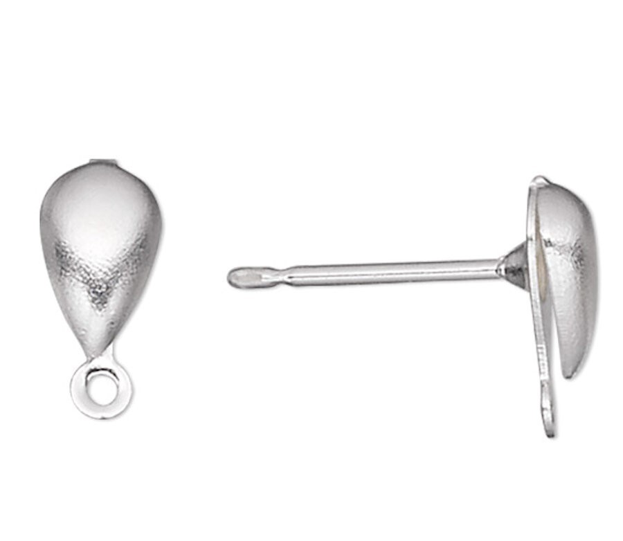 10 Silver Plated Brass & Steel 7x4mm Teardrop Ear Stud Post with Loop Earrings