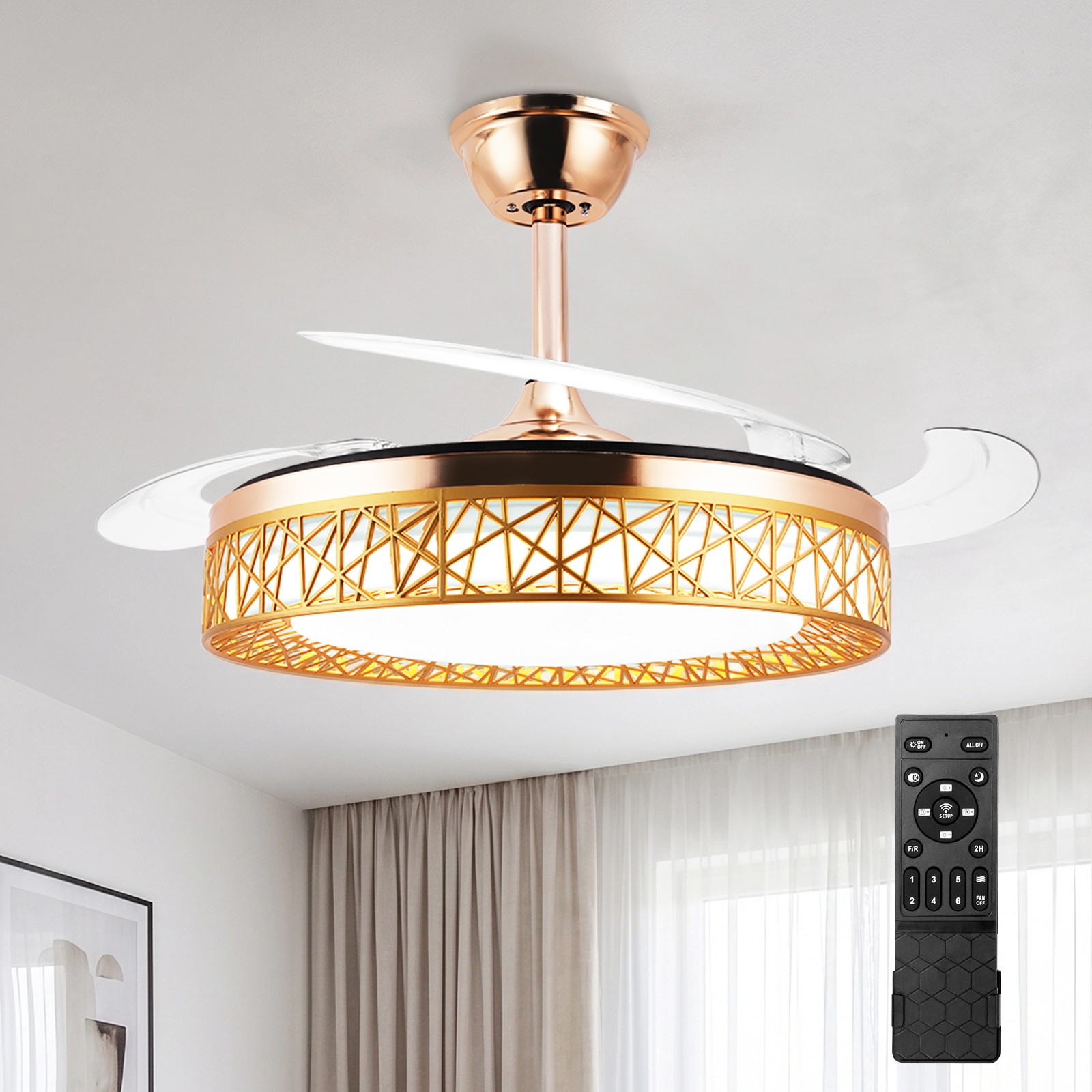 42 Inch Gold Retractable Ceiling Fan Light 6 Adjustable Speeds Remote