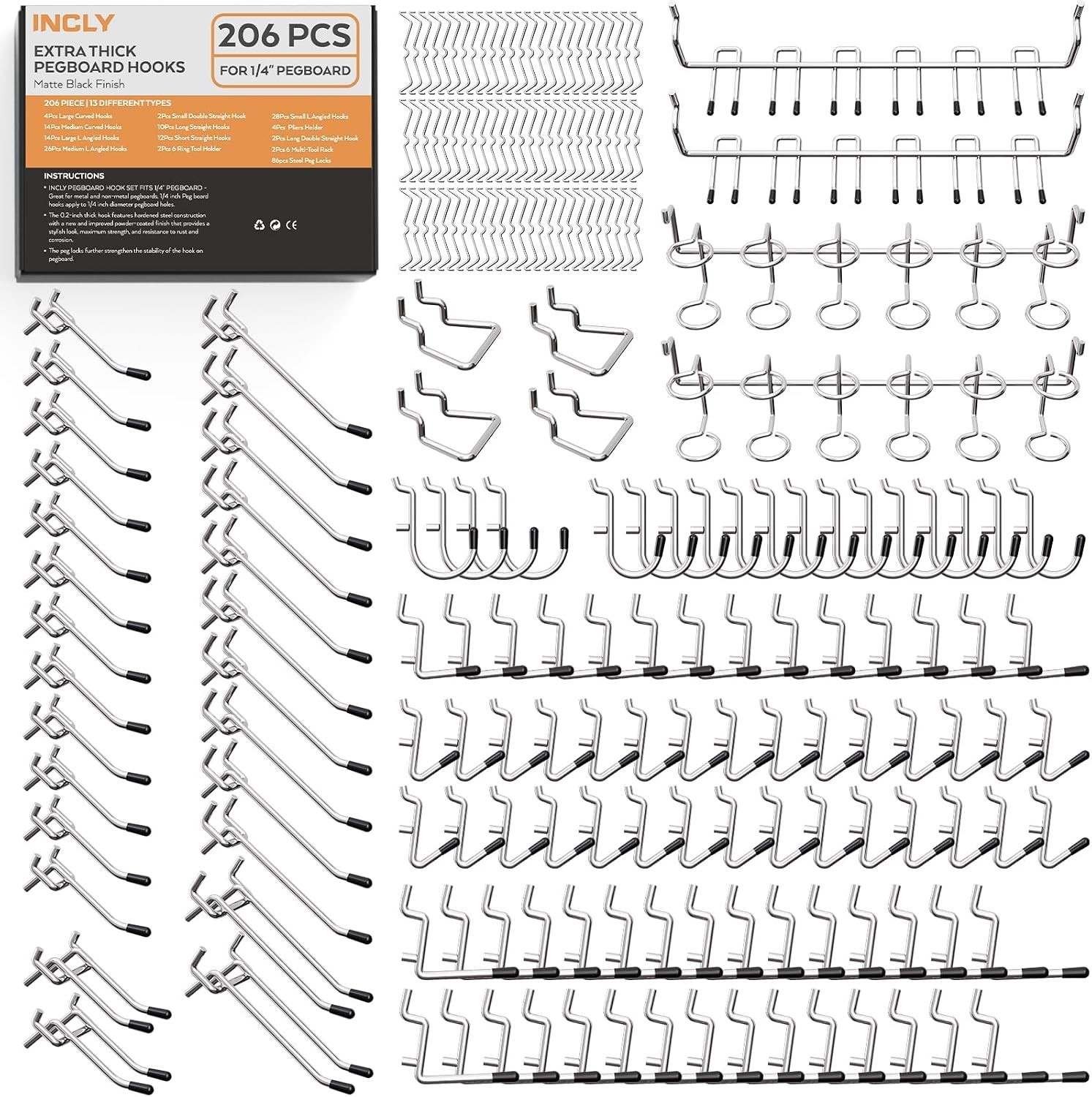 206-Piece Heavy-Duty Chrome Pegboard Hooks Set for Efficient Tool Organization