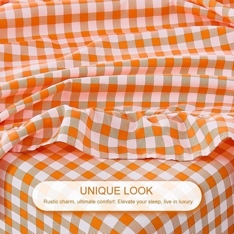 Gingham Ruffle Microfiber Full Sheet Set Deep Pocket Wrinkle Resistant Bedding