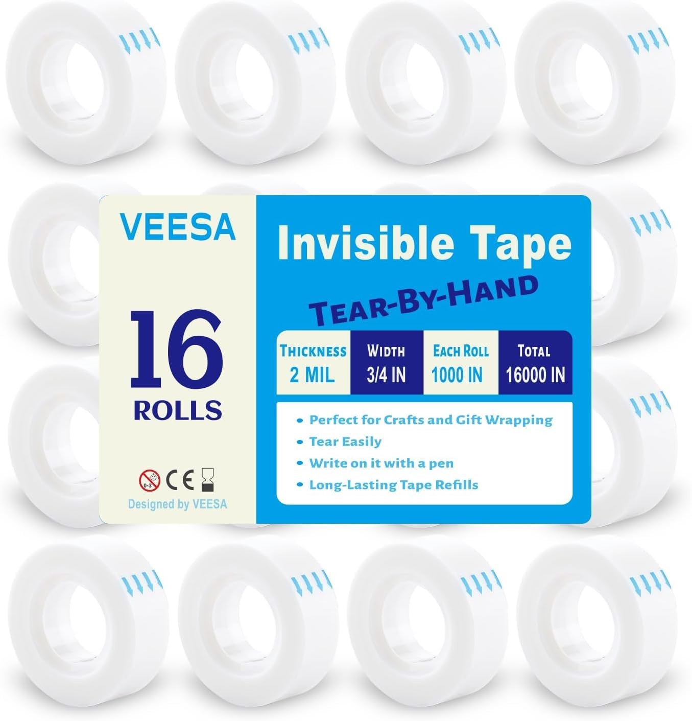Invisible Tape Refills - Tear by Hand, 3/4'' X 1000'', 16 Rolls Christmas Gif...