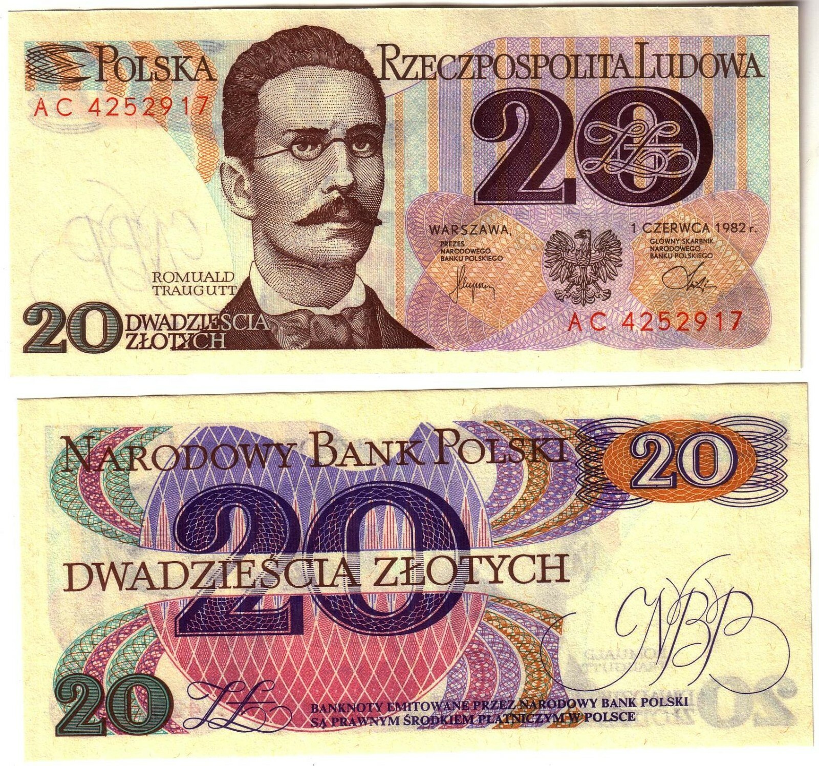 Banknote - 1982 Poland, 20 Zloty, P149 UNC, R.Traugutt (F)