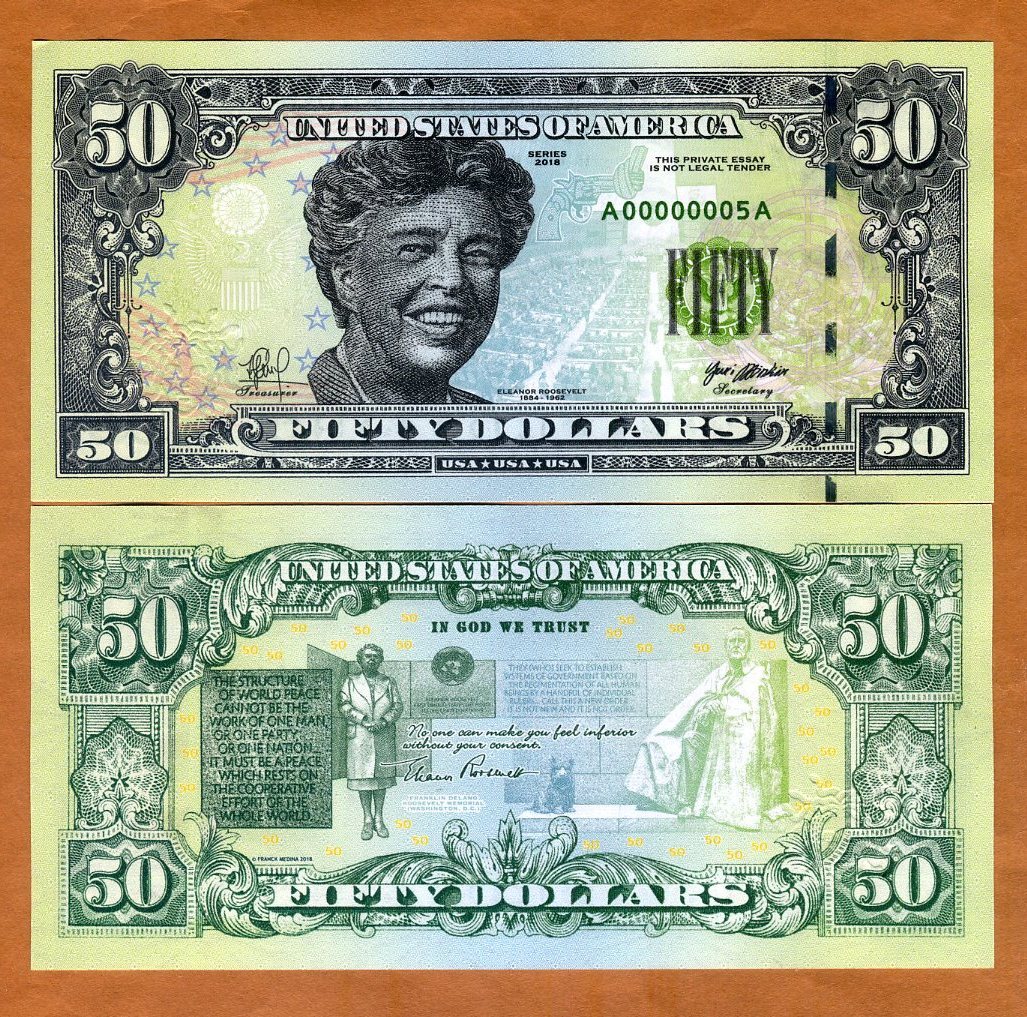 USA, $50, 2018, private Issue, essay design, Eleanor Roosevelt, United Nations