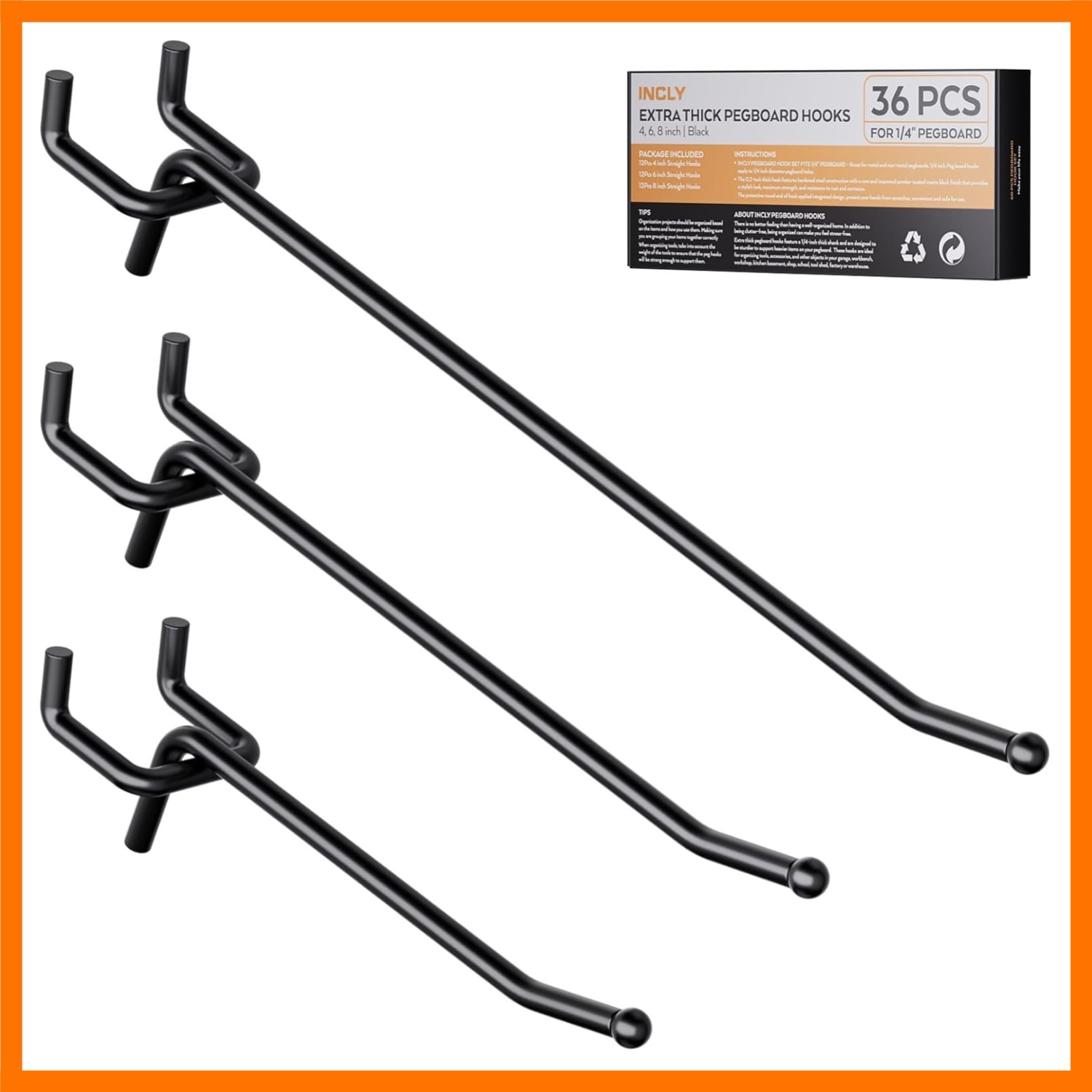36 Pack 4/6/8 Inch Black Pegboard Hooks, 1/4" Heavy Duty Peg Board Shelving H...