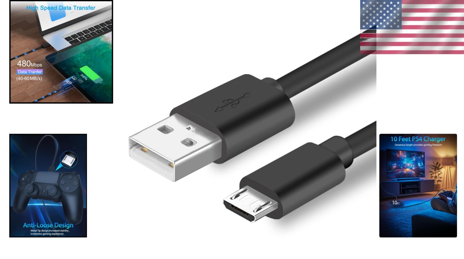 Universal 10ft Micro USB Charger for PS4 and Xbox One Controllers - Fast Charge