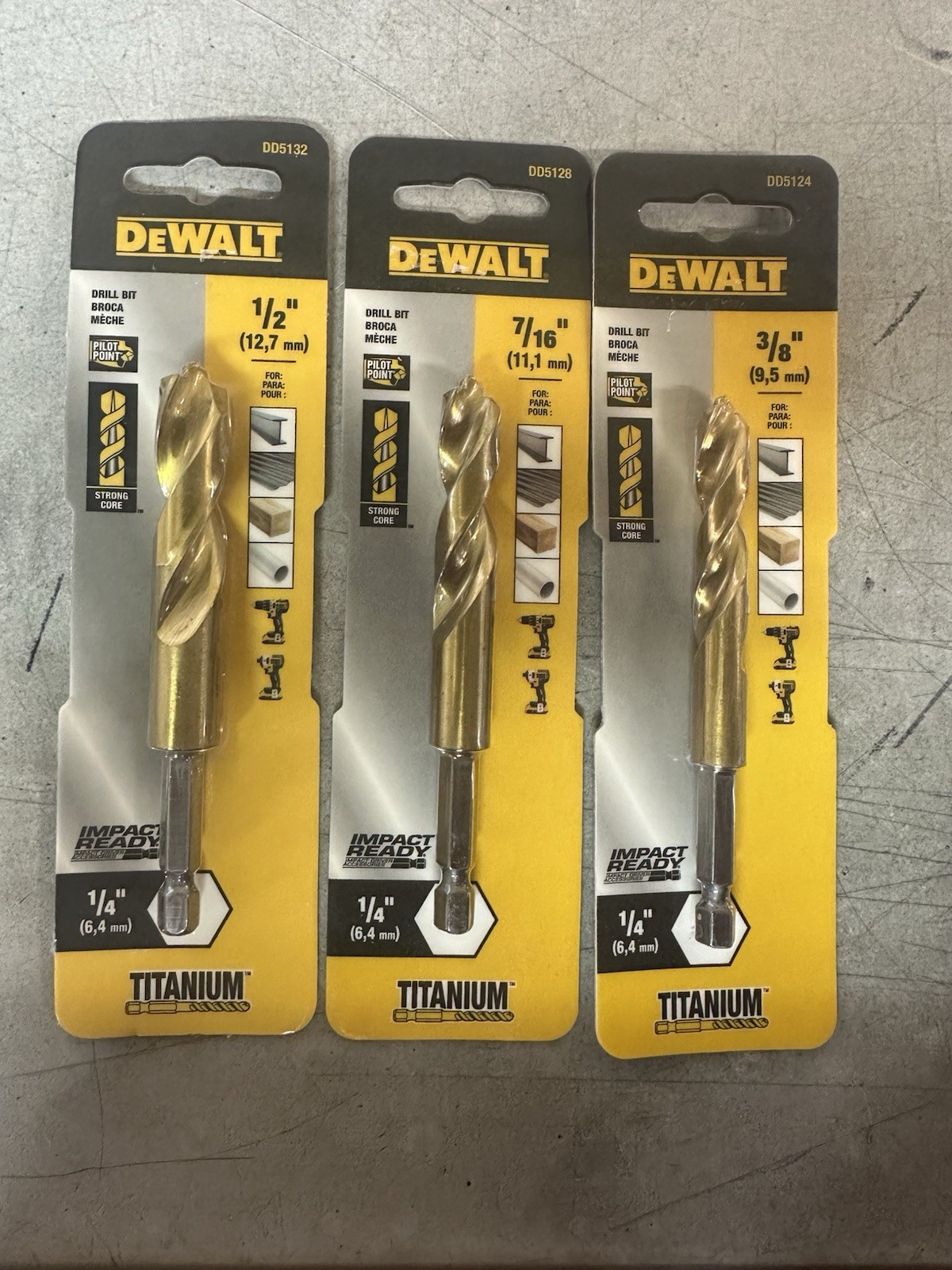 NEW DeWalt Drill Bit 3pk 1/2” DD5132 & 7/16” DD5128 & 3/8” DD5124