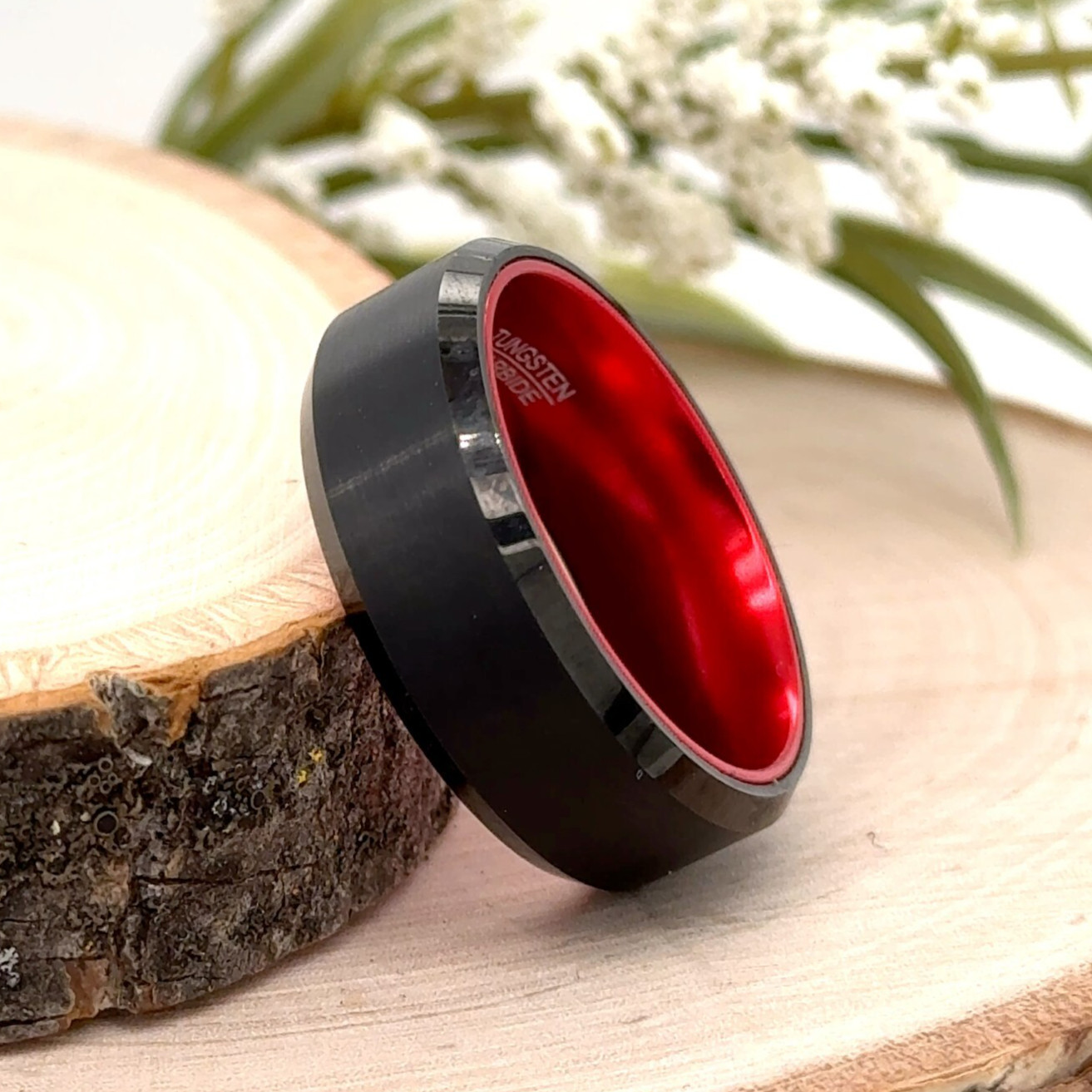 Beveled Edge Matte Finish Christmas Band 8MM Black & Red Tungsten Engraved Ring