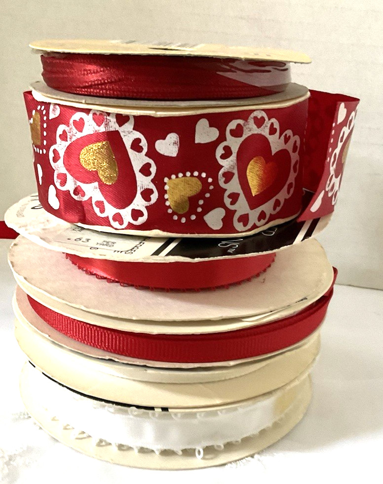 Valentine Craft Ribbon Lot of 6 Spools 3 Red 2 White and 1 Heart Motif