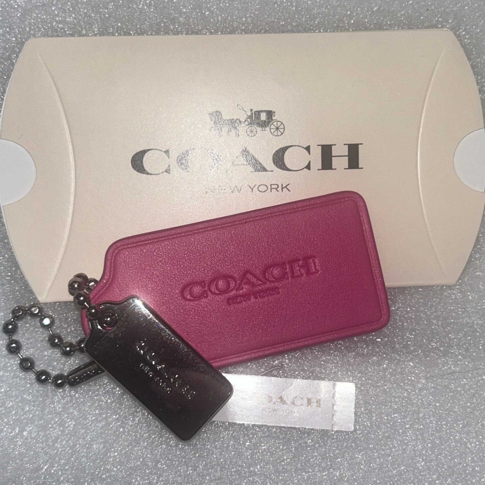 NWT Coach Pink Bright Fuchsia Leather Silver Metal Hangtag 2 Pc Set FOB Charms