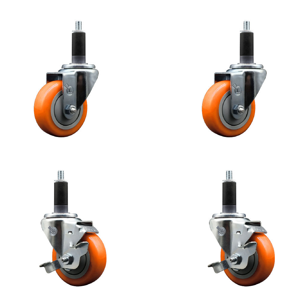 3.5 Inch Orange Poly Wheel Swivel 1-1/8 Inch Expanding Stem Caster Set 2 Brakes