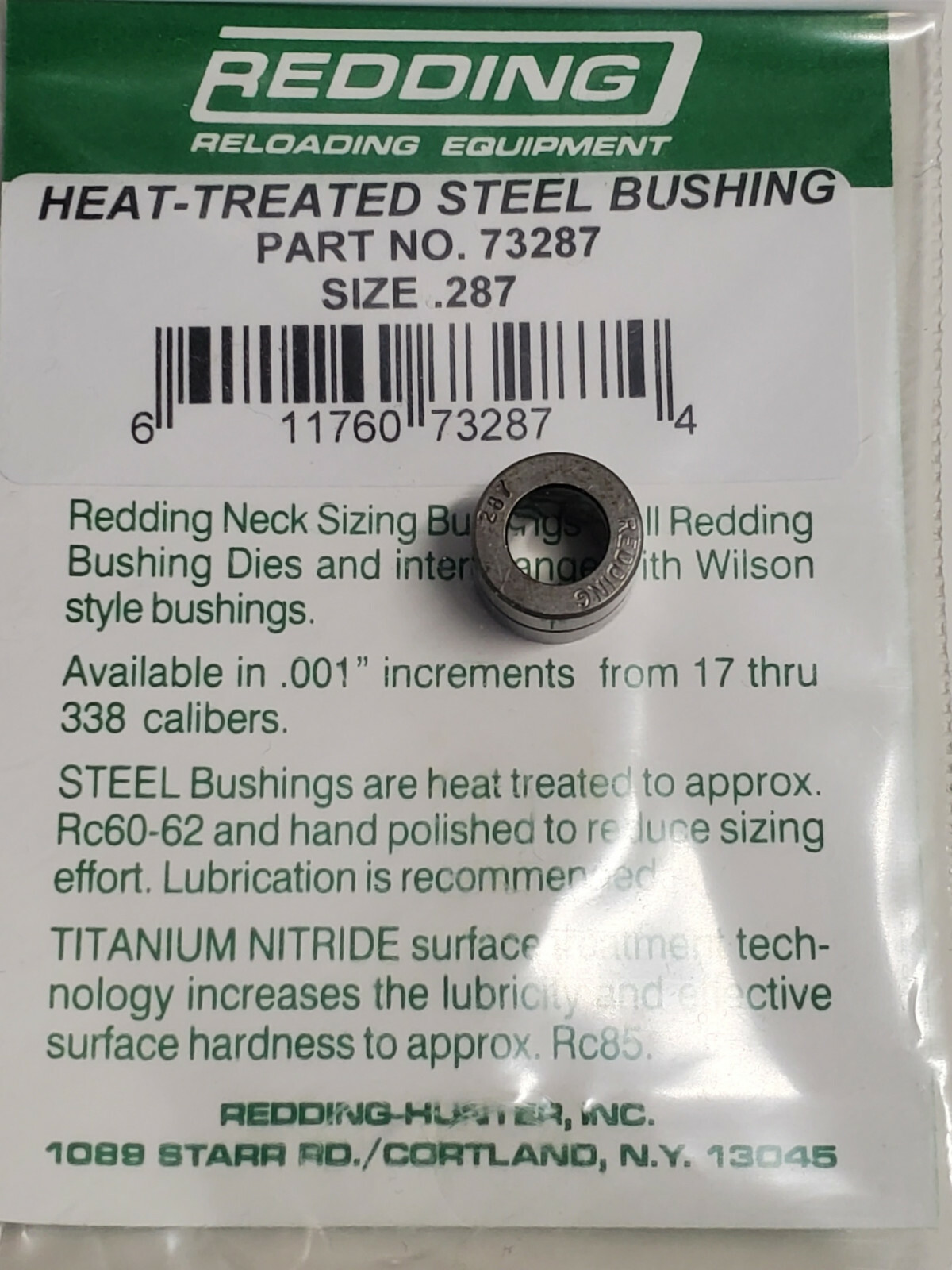 73287 REDDING HEAT TREATED STEEL .287 NECK SIZE BUSHING - BRAND NEW - FREE SHIP