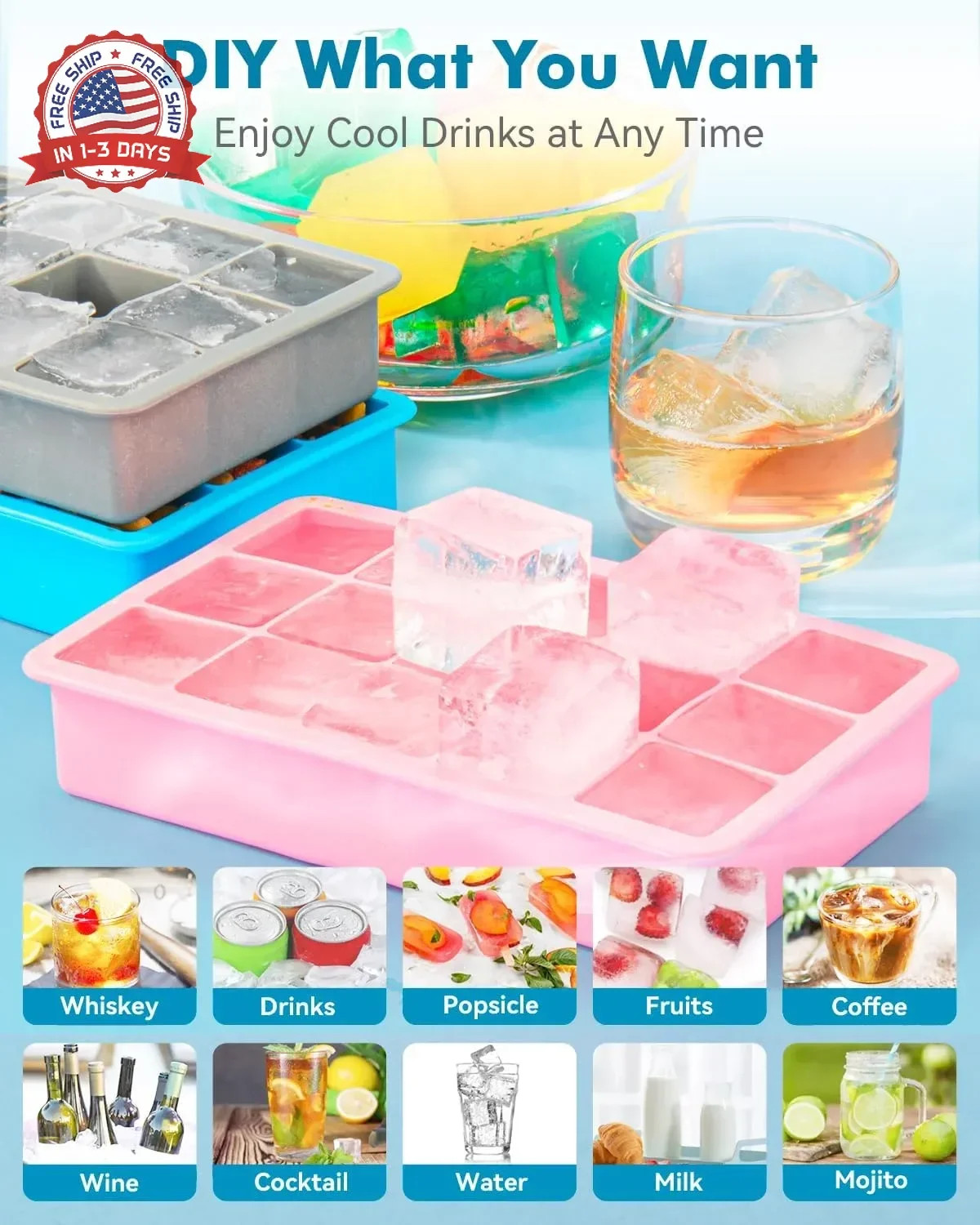 2 Pack Ice Cube Trays, ZDPMK Silicone Easy Release Flexible Molds 15 Ice Cubes T
