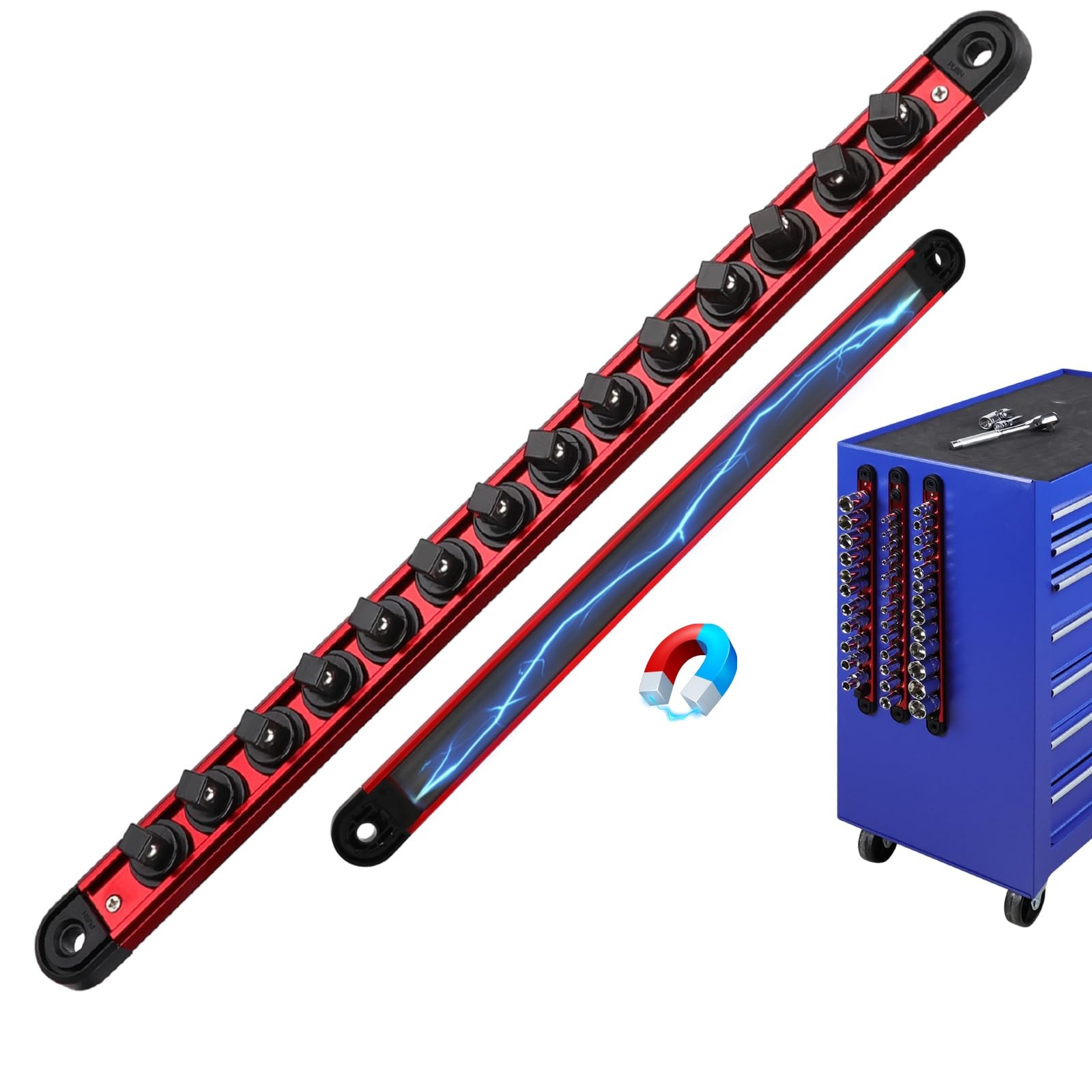 3/8-Inch Magnetic Socket Organizer Rail, Aluminum Alloy 3/8-inch, Red