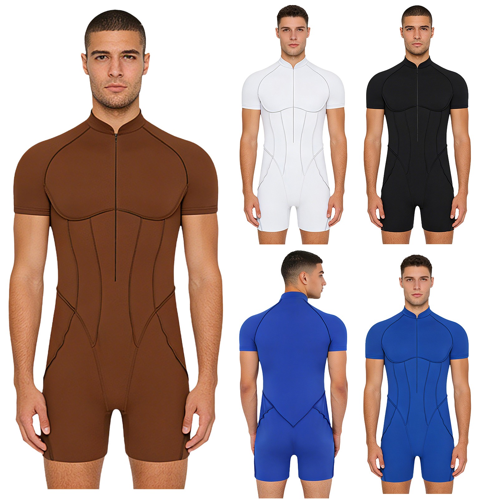 Men's Athletic Jumpsuit Mock Neck Zip Short Sleeve Rompers Bodybuilding Sports