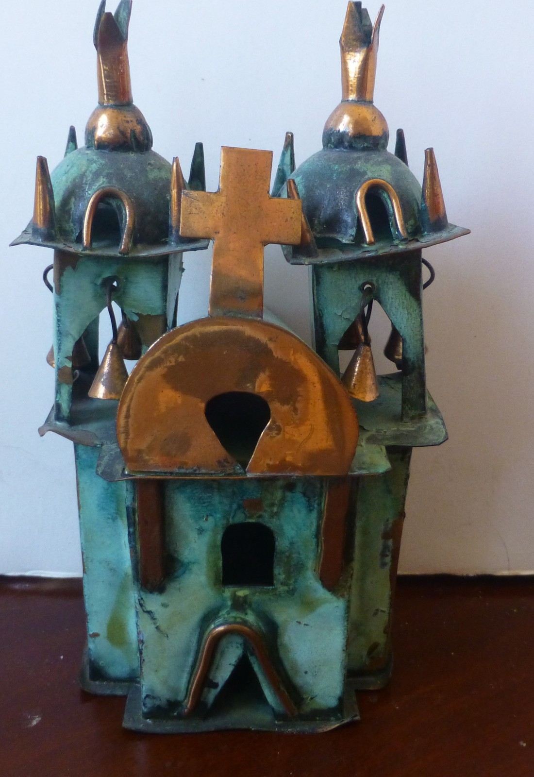 Peruvian Ayacucho Church-Handmade Copper-Brass w/Twin Towers & Dangling Bells-5"
