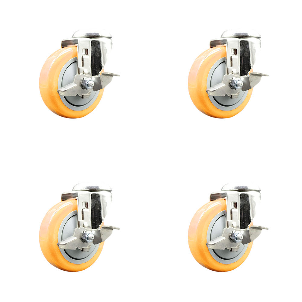 4 Inch 316SS Yellow Polyurethane Wheel Swivel Bolt Hole Caster Set with Brake