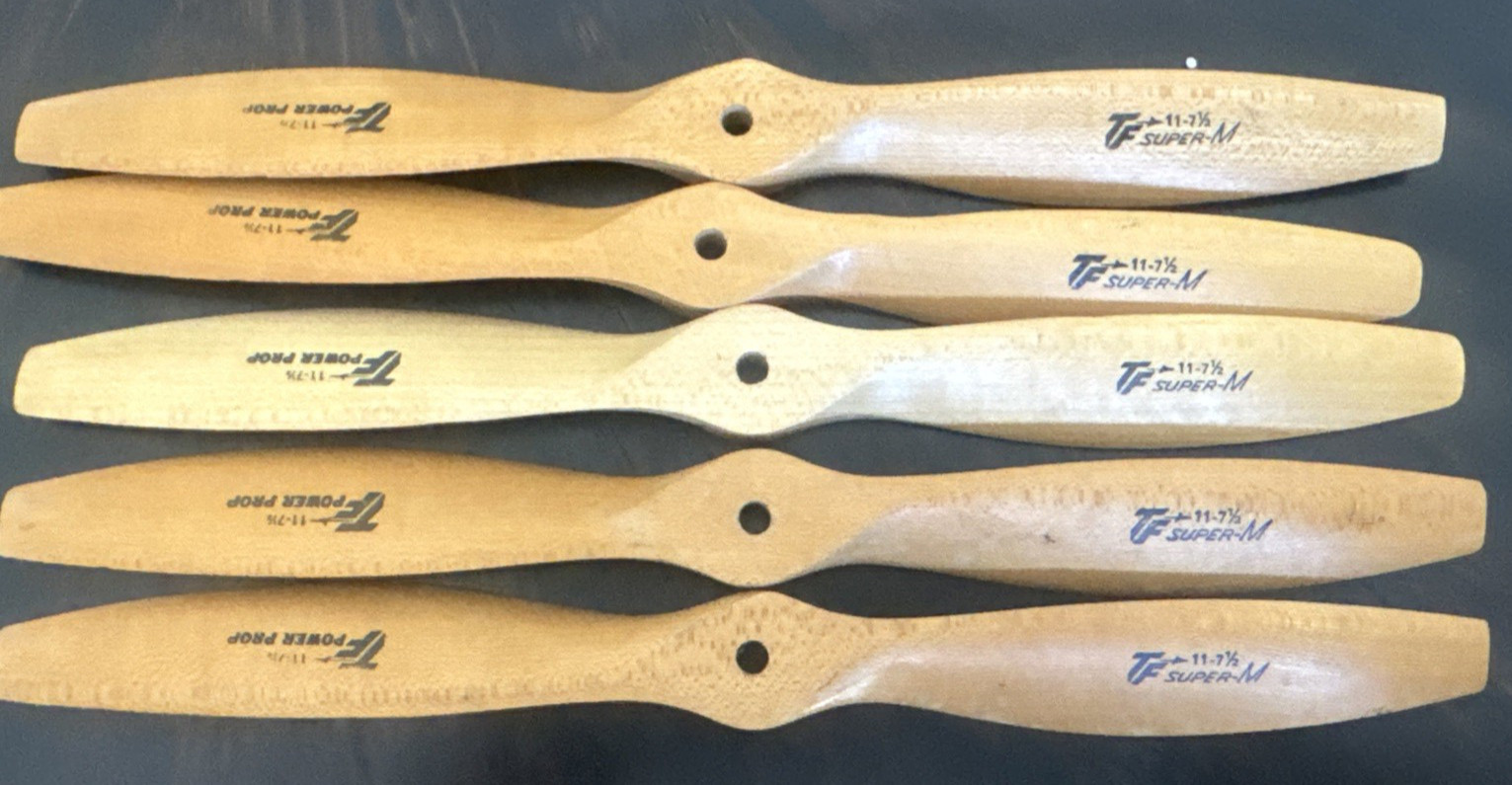5 NEW VINTAGE AIRPLANE R/C TOP FLITE WOODEN PROPELLER, 11-7 1/2  SUPER-M (80)