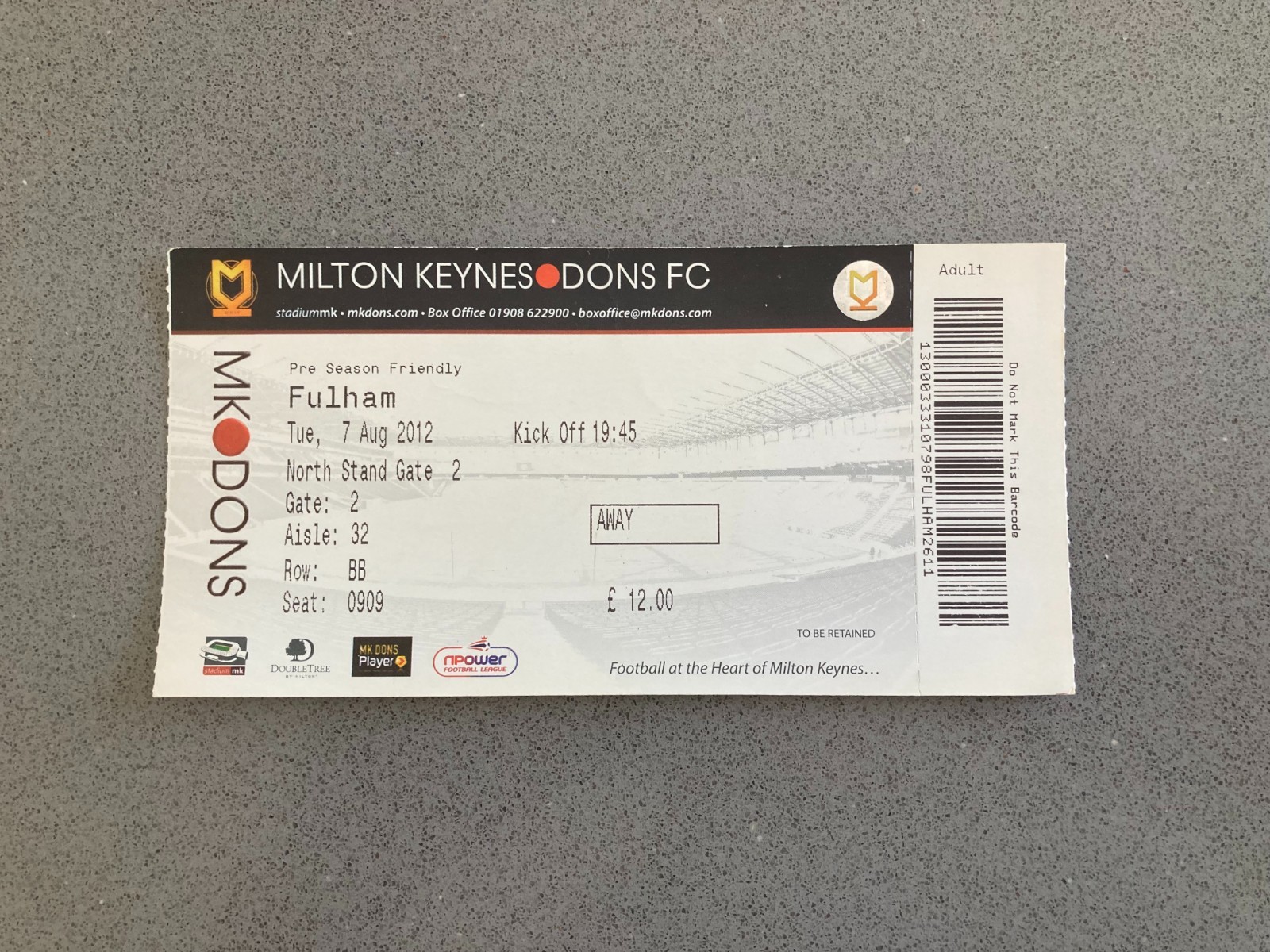 Milton Keynes Dons v Fulham 2012-13 Match Ticket