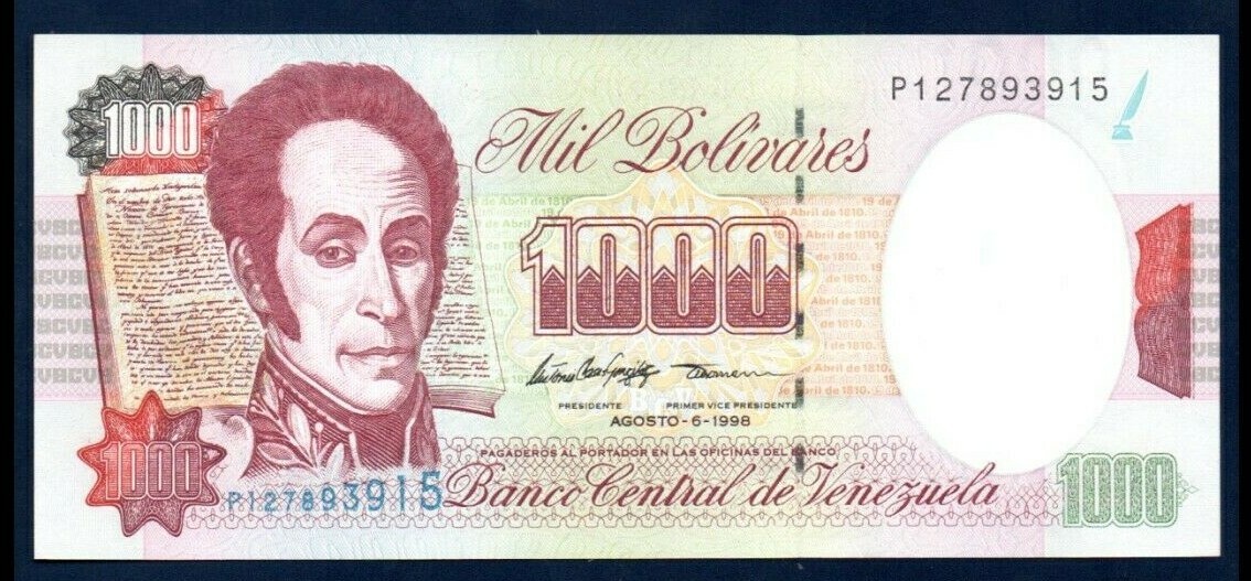 Venezuela AU Note 1000 Bolivares Bs August 1998 P-76d (Low Shipping)