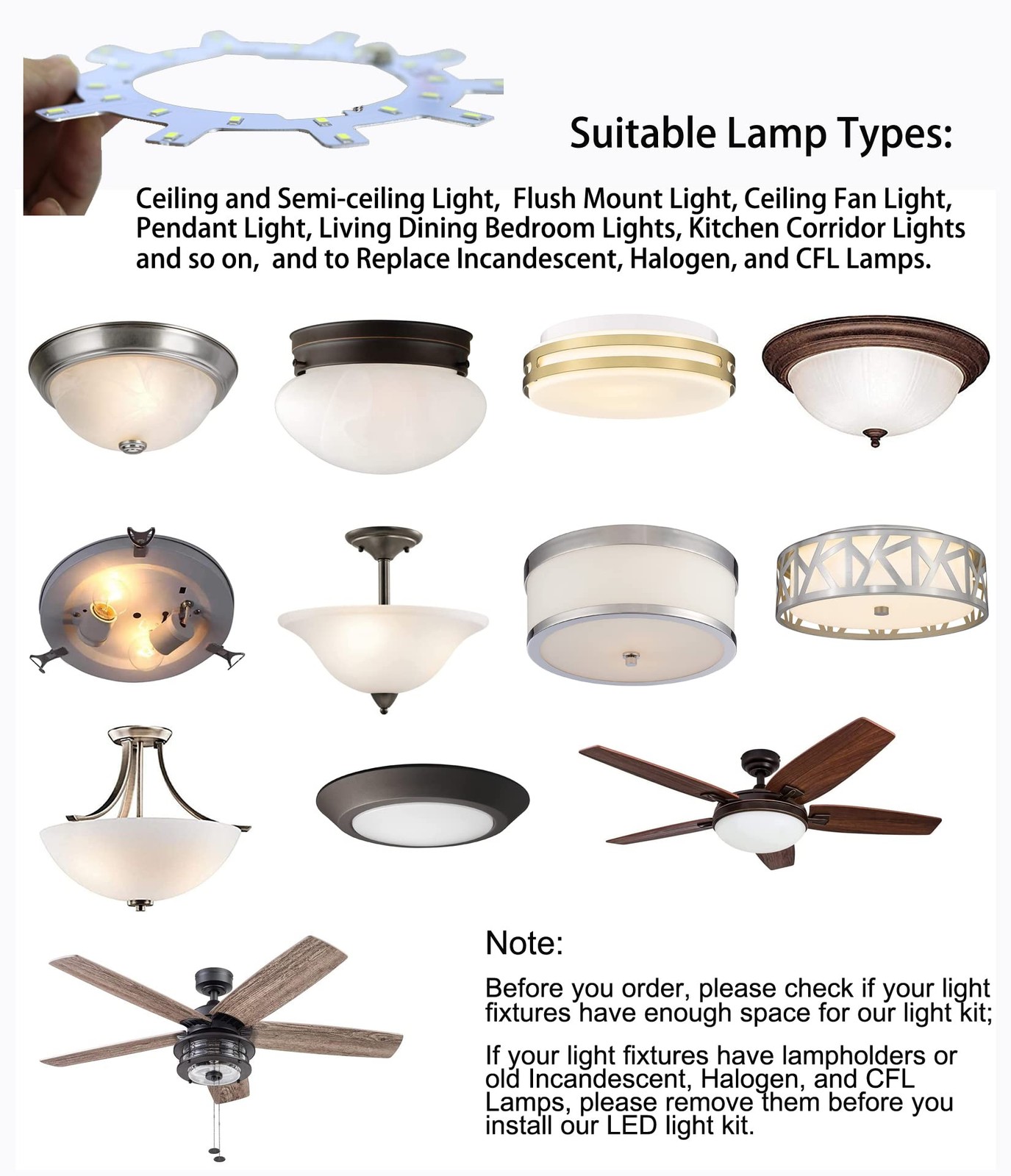 OLYMSTAR 12W LED Ceiling Fan Light Kit Replacement Panel for 12W-Gear, White